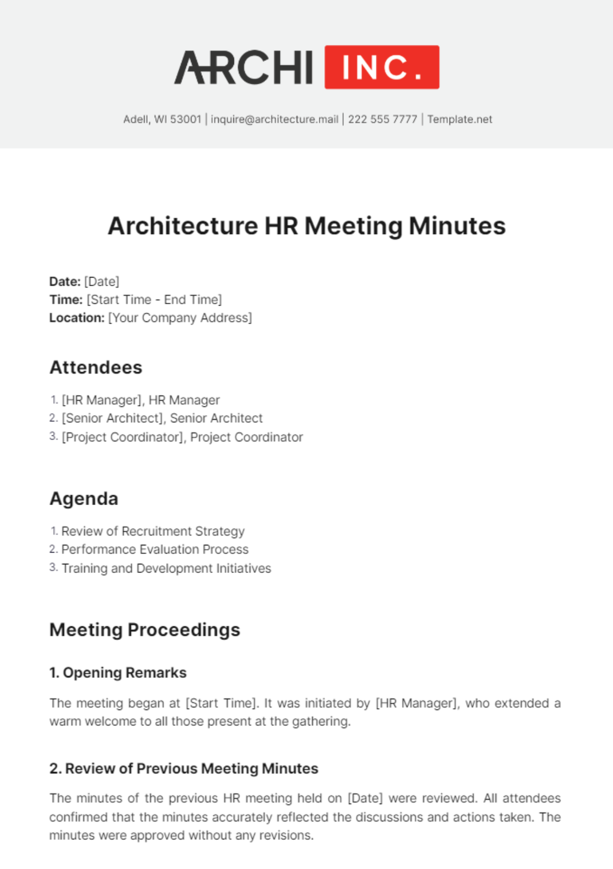 Architecture HR Meeting Minutes Template - Edit Online & Download