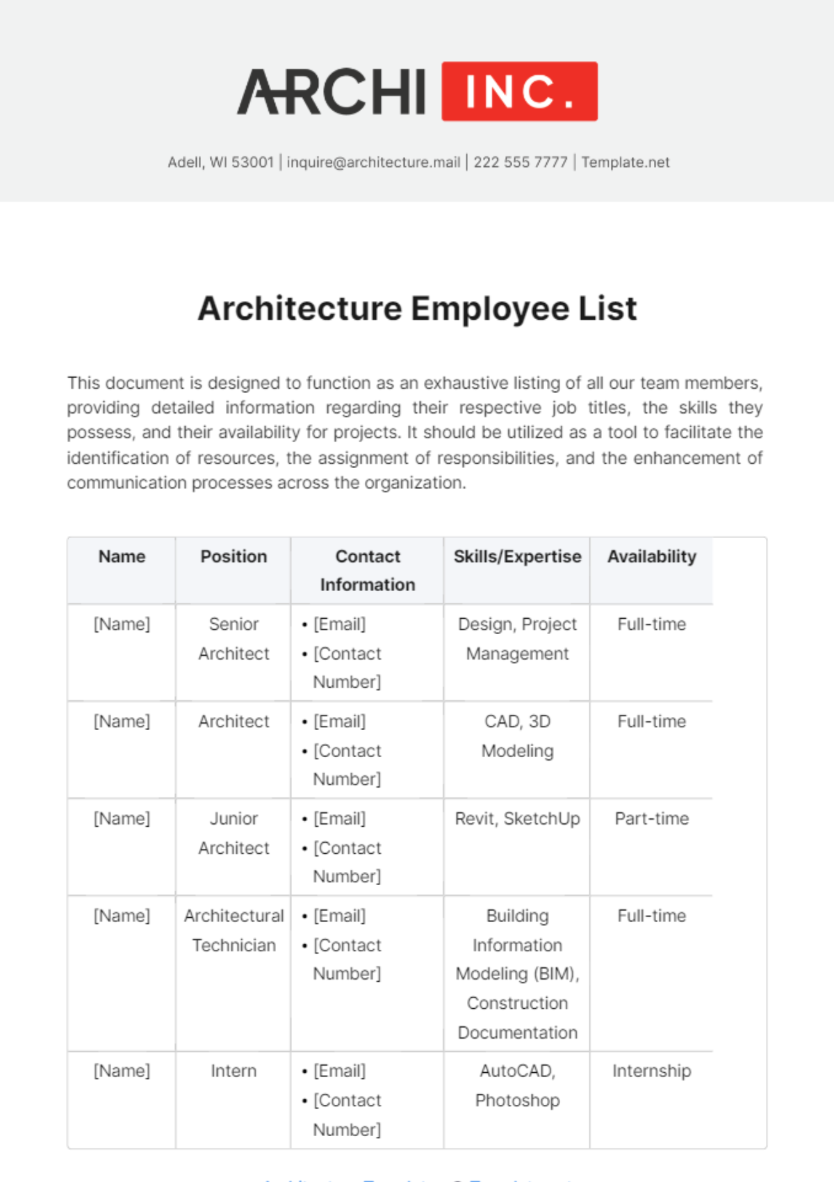 Architecture Employee List Template - Edit Online & Download