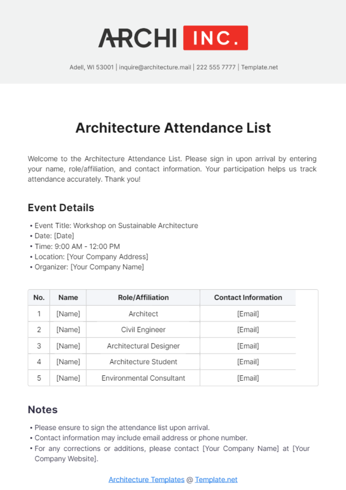 Architecture Attendance List Template - Edit Online & Download