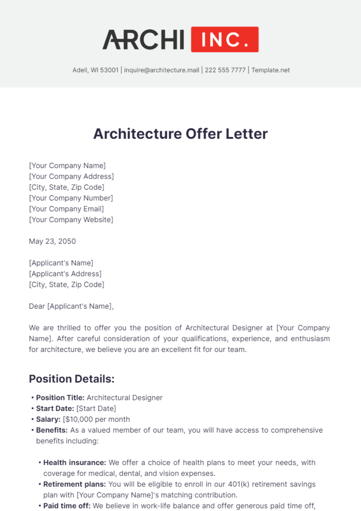 Architecture Offer Letter Template - Edit Online & Download