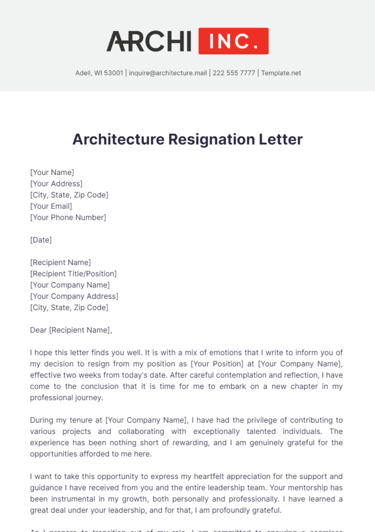 Architecture Resignation Letter Template - Edit Online & Download