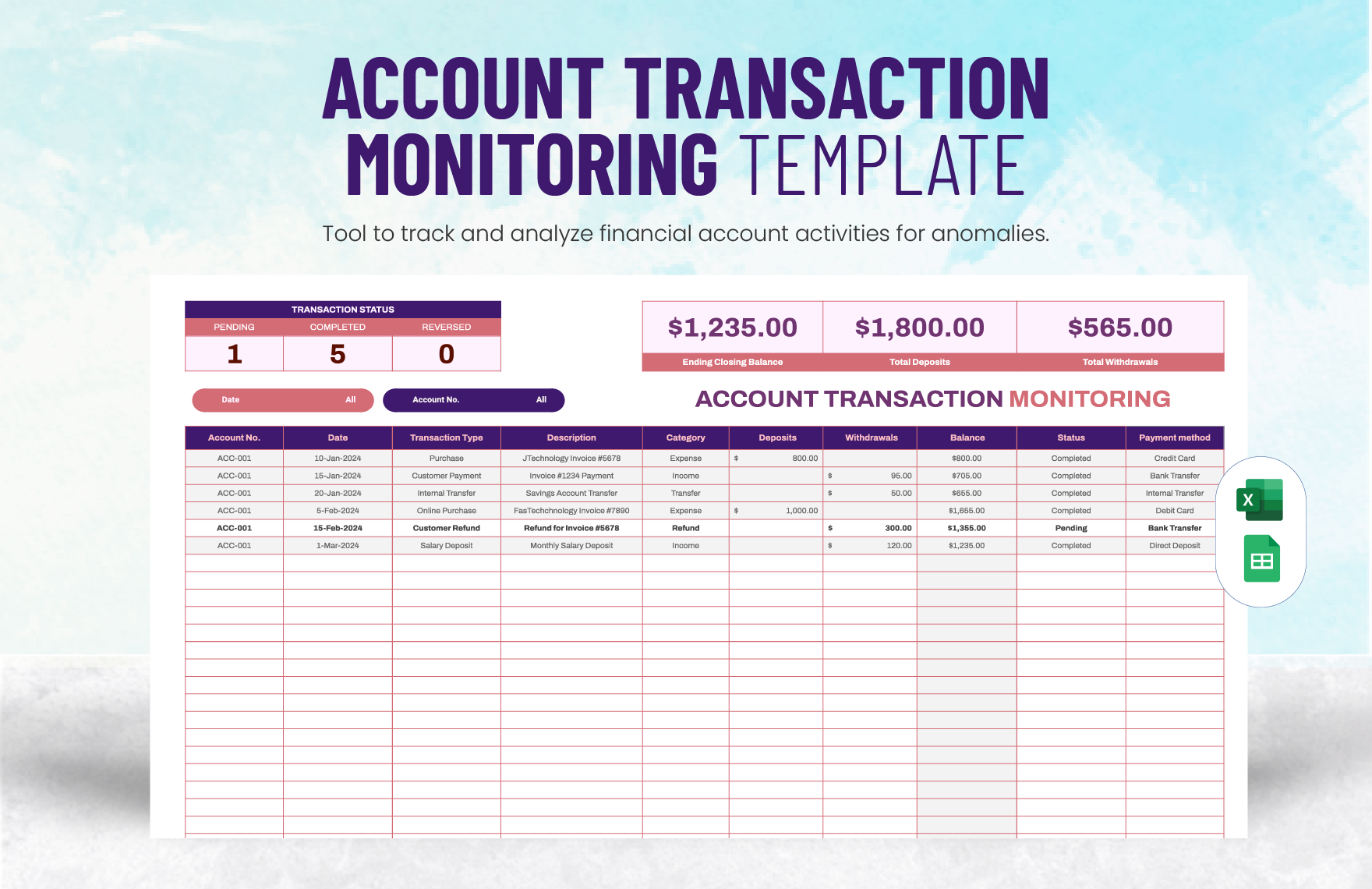 Account Transaction Monitoring Template in Excel, Google Sheets