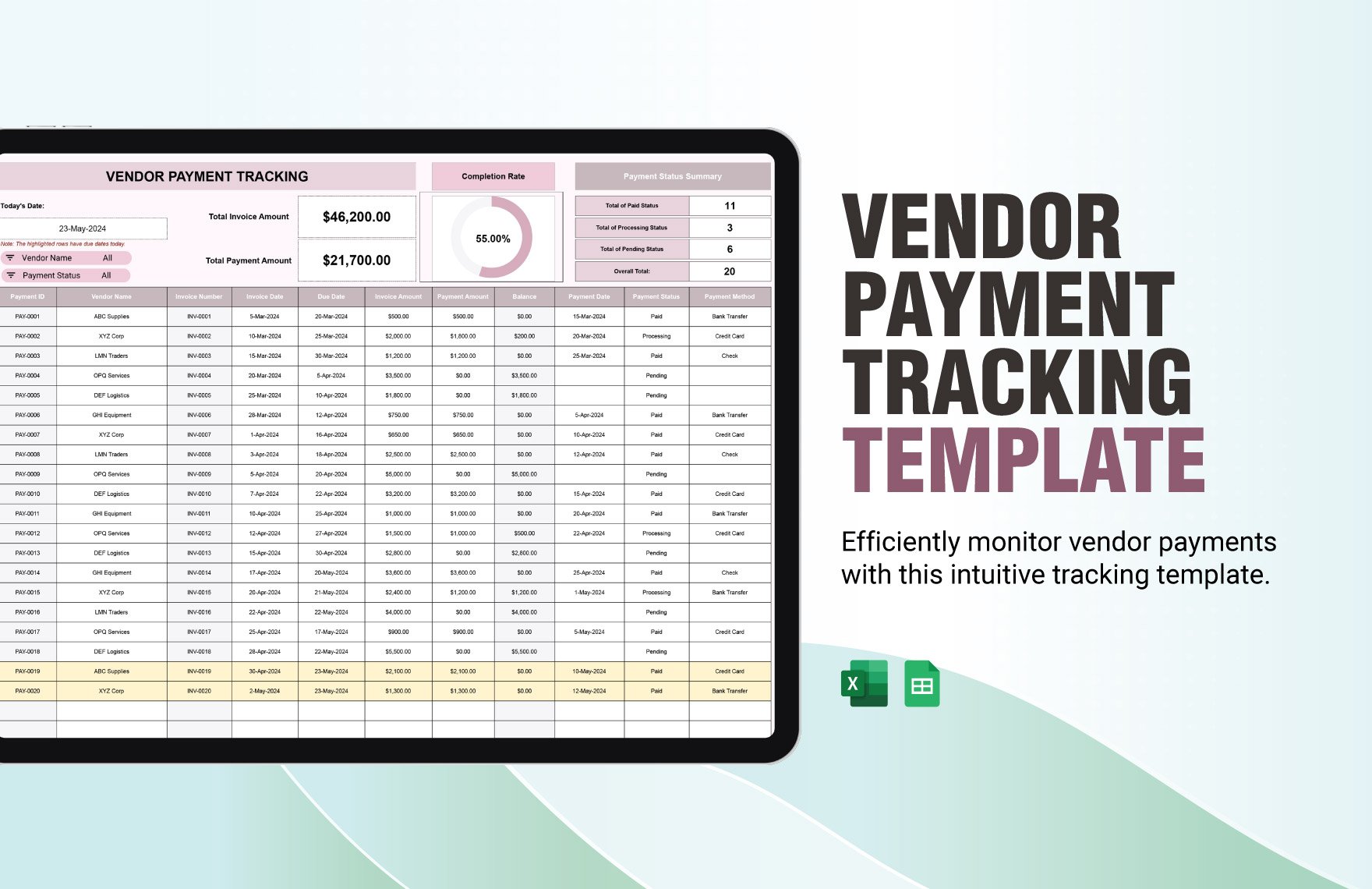Vendor Payment Tracking Template in Excel, Google Sheets