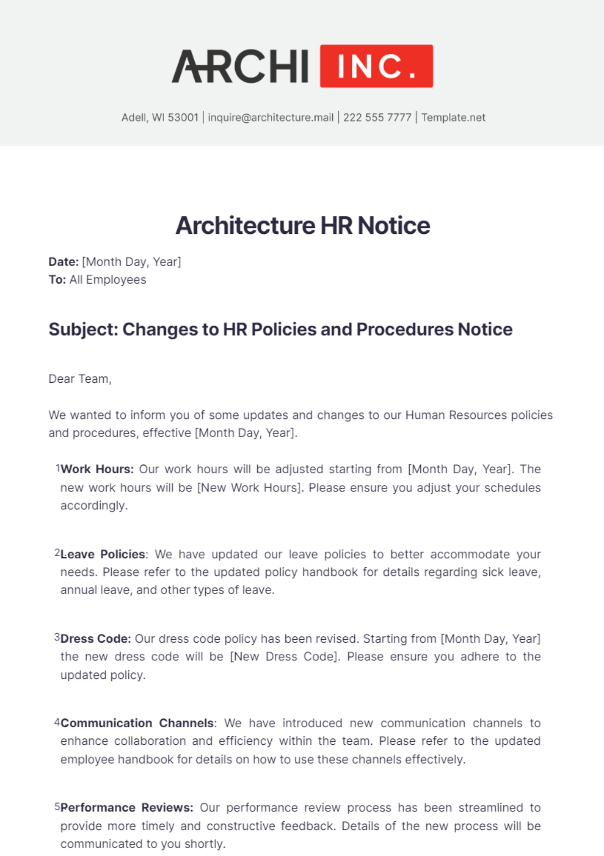 Free Architecture HR Notice Template