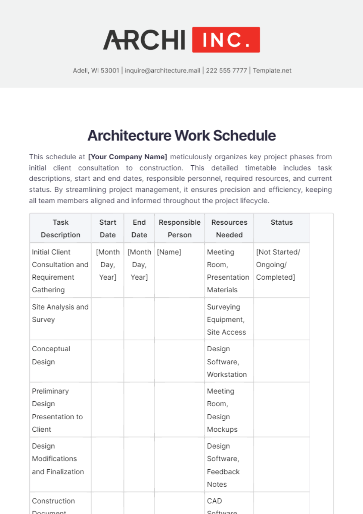 Architecture Work Schedule Template - Edit Online & Download