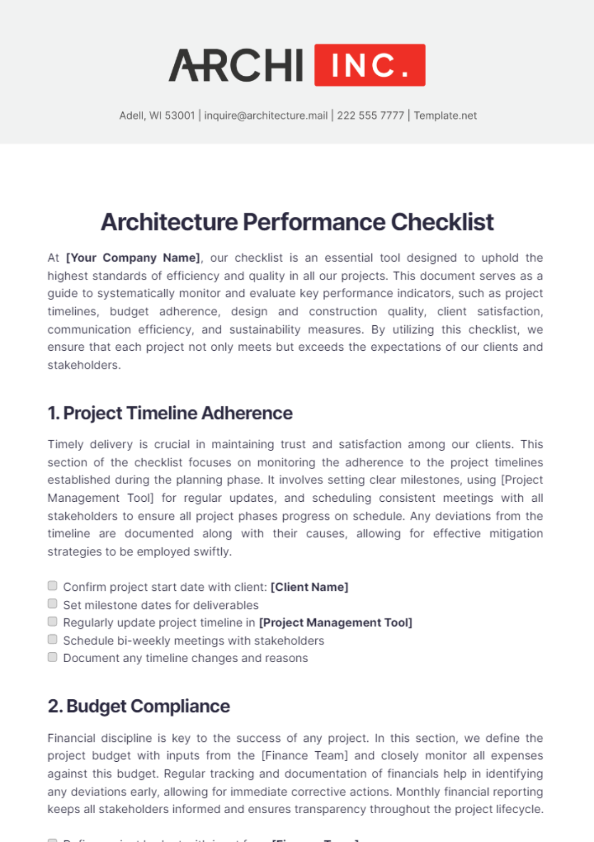 Architecture Performance Checklist Template - Edit Online & Download