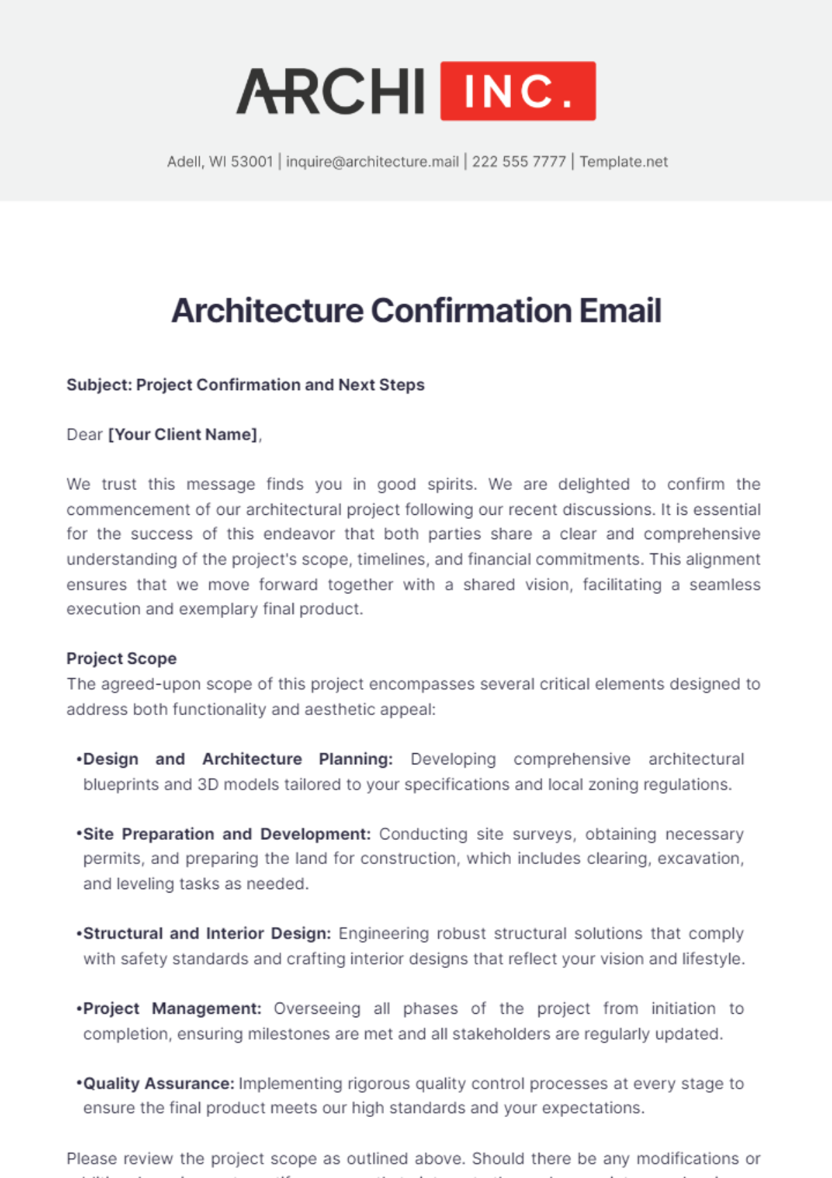 Architecture Confirmation Email Template - Edit Online & Download