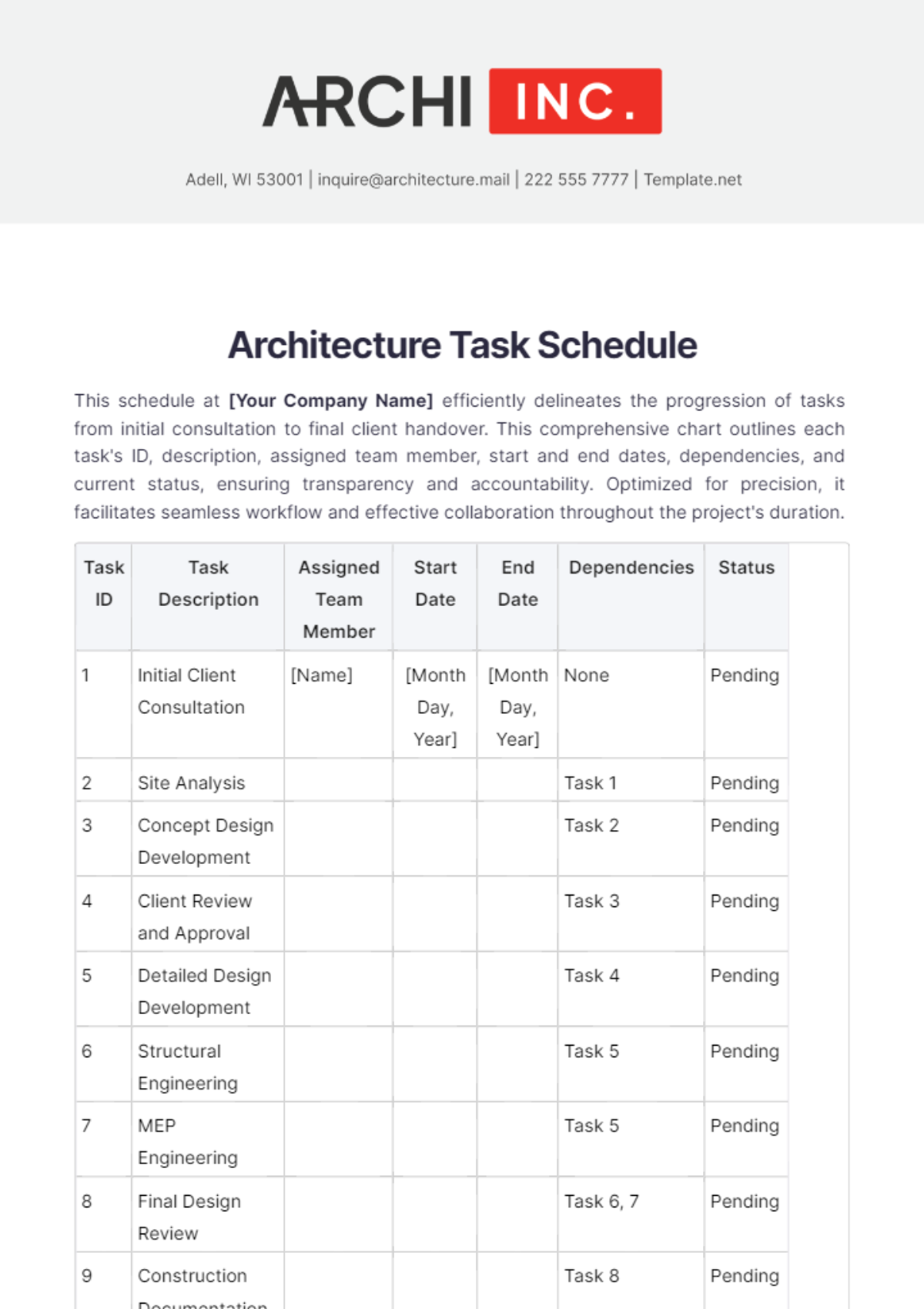 Architecture Task Schedule Template - Edit Online & Download