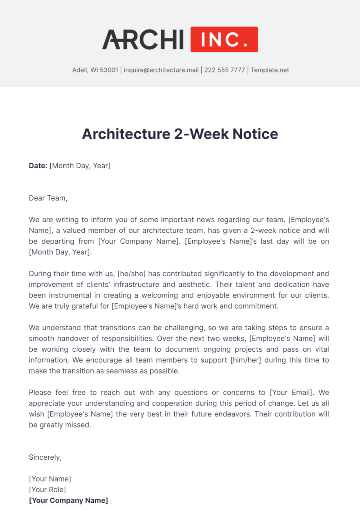Free Architecture 2-Week Notice Template