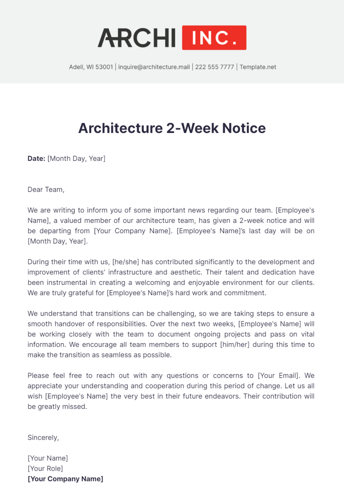 Architecture 2-Week Notice Template - Edit Online & Download