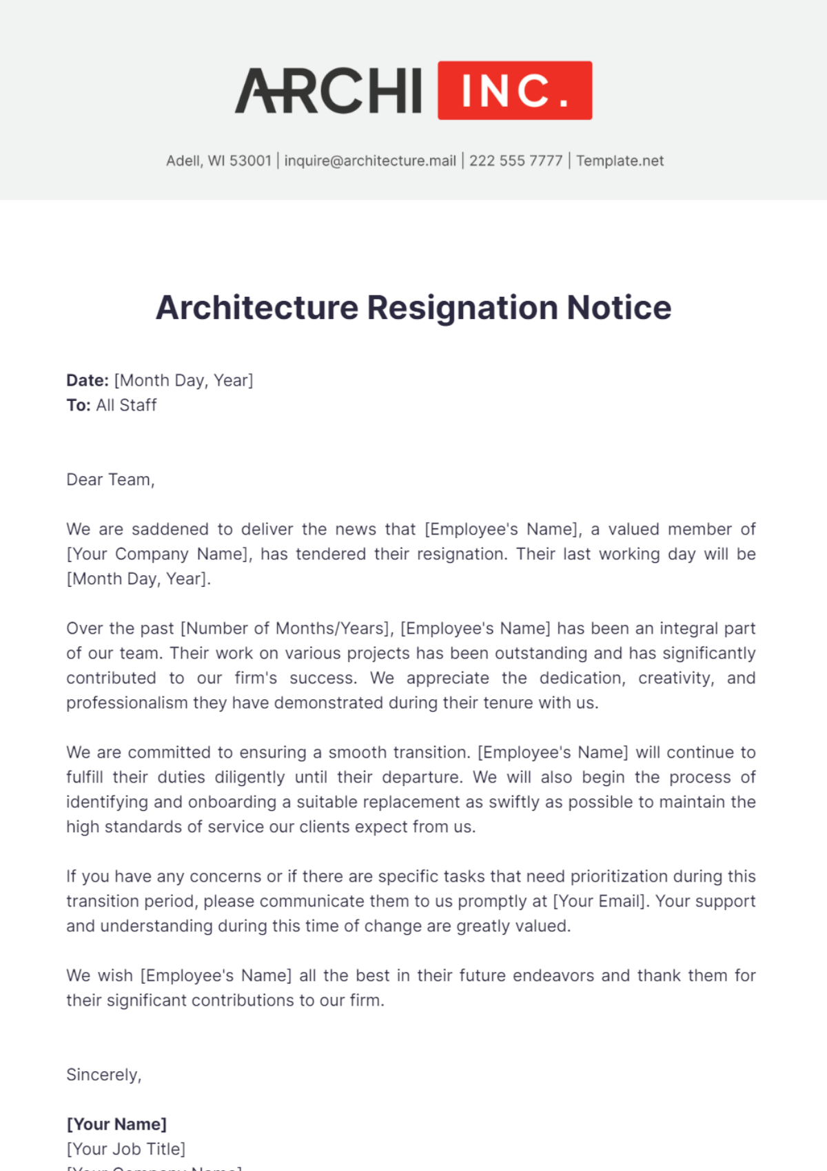 Free Architecture Resignation Notice Template