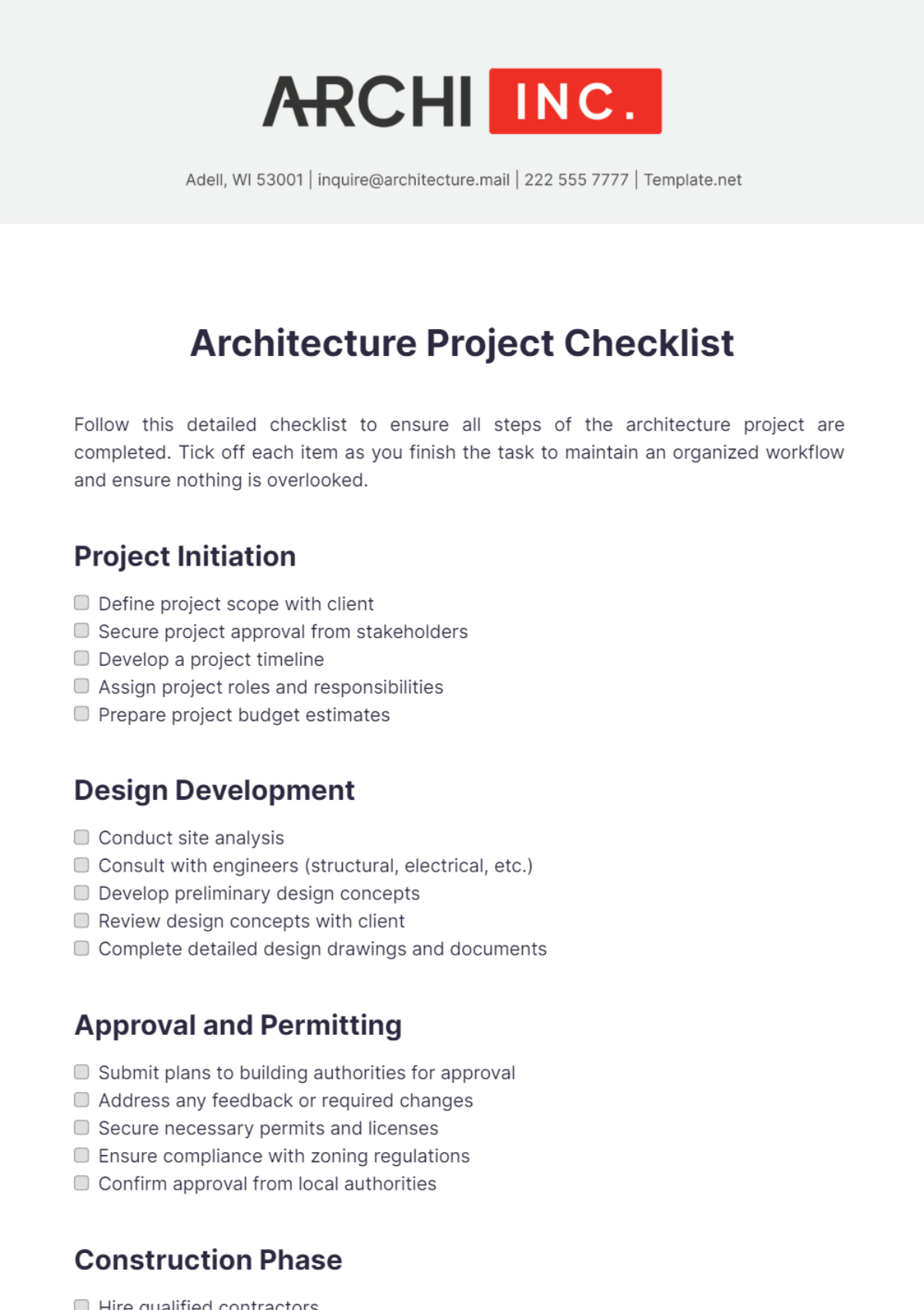 Architecture Project Checklist Template - Edit Online & Download