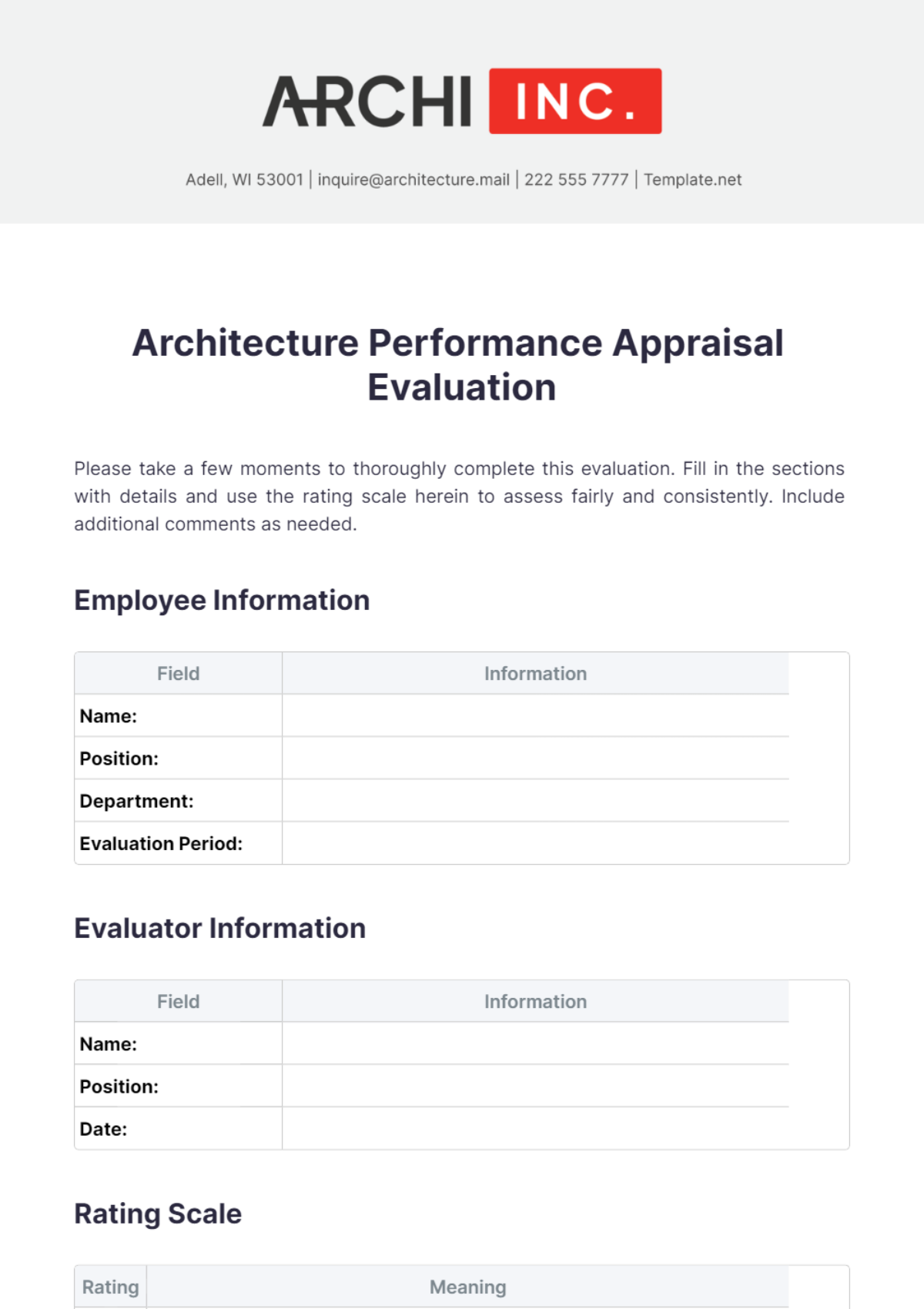 Architecture Performance Appraisal Evaluation Template - Edit Online & Download