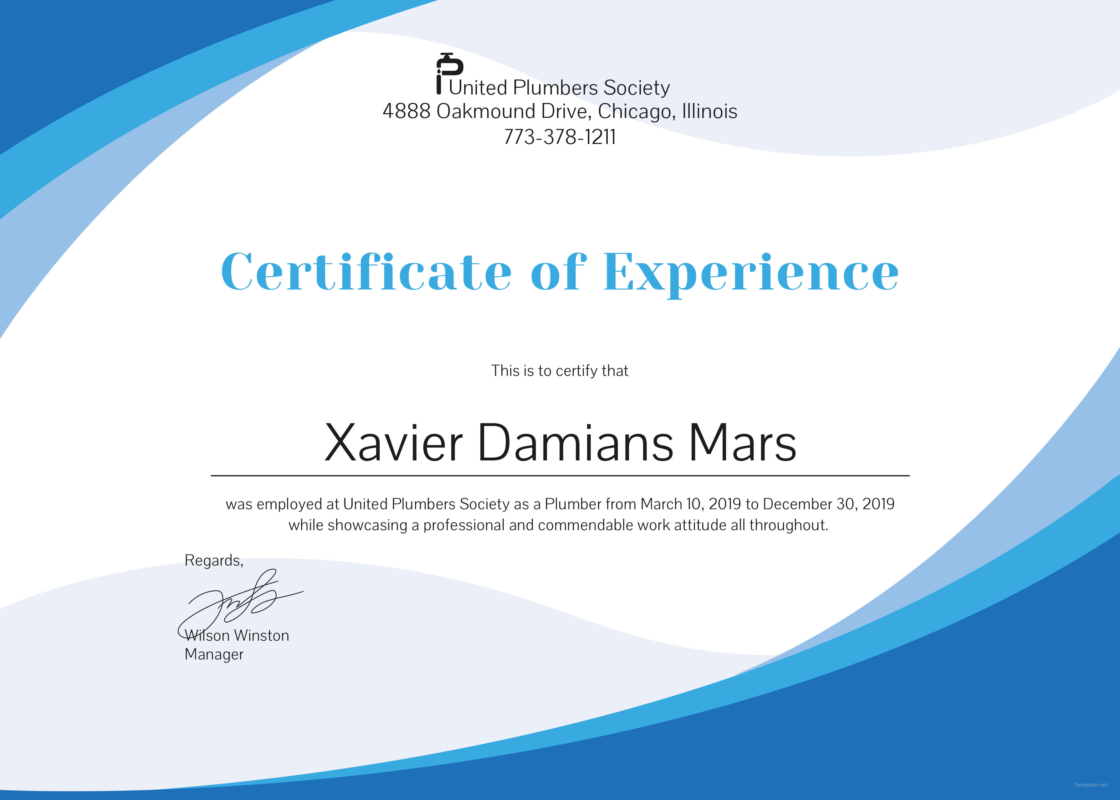 Plumbing Experience Certificate Template