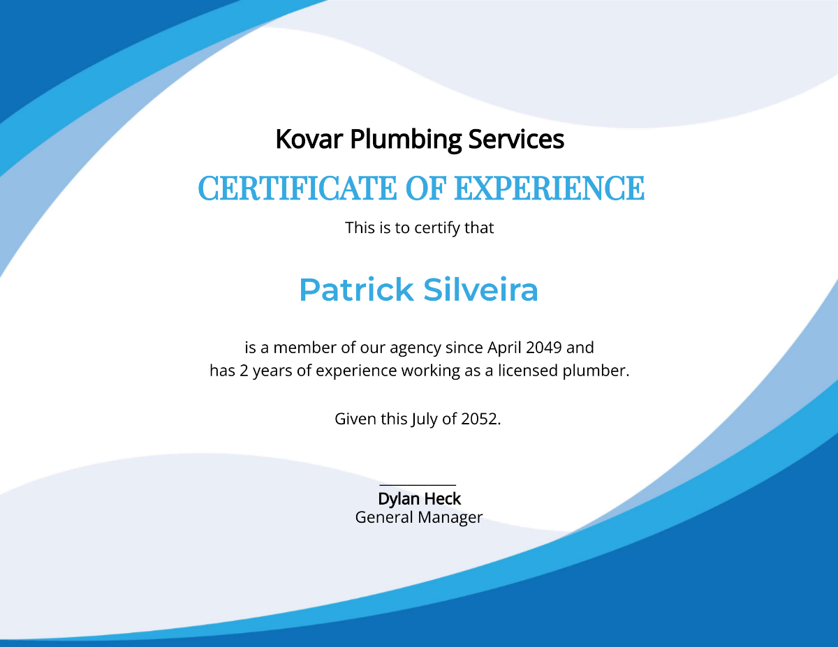 Plumbing Experience Certificate Template