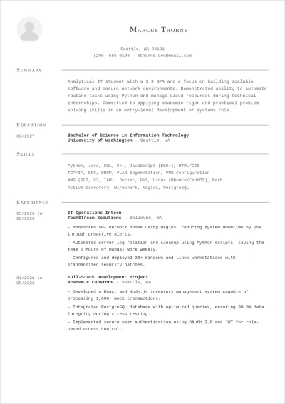 Free IT Student ATS Resume Template, AI Resume Builder