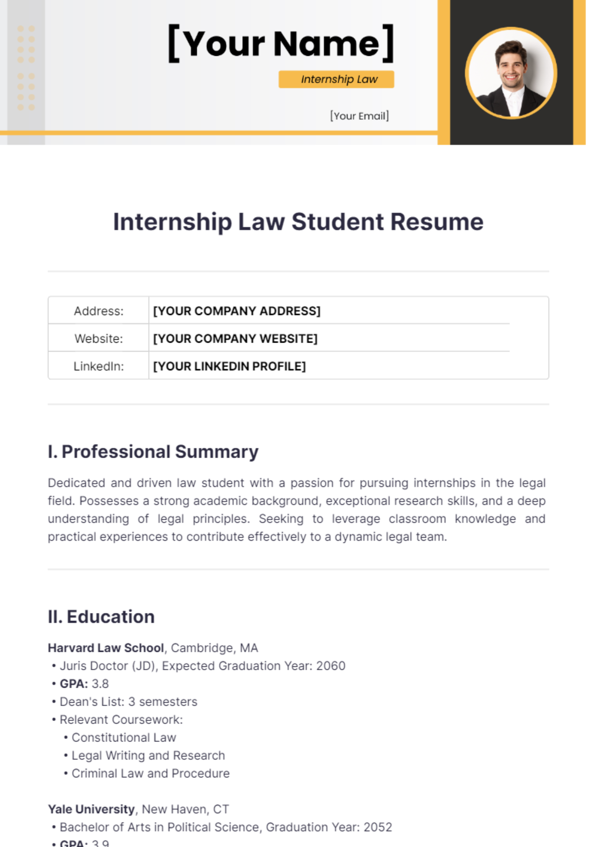 Internship Law Student Resume