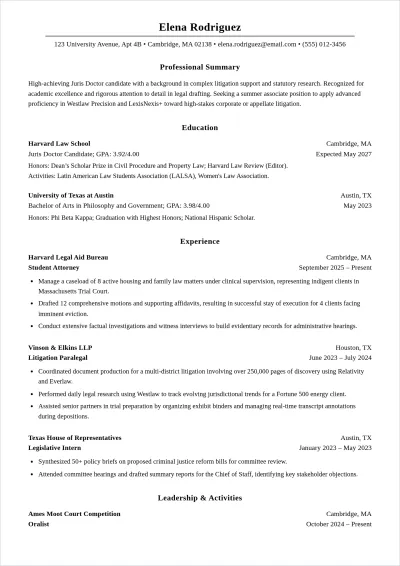 Free Internship Law Student ATS Resume Template, AI Resume Builder