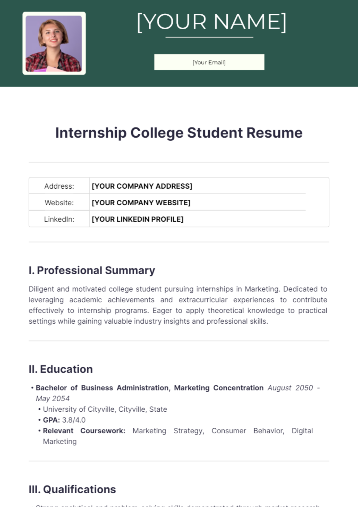 Internship College Student Resume