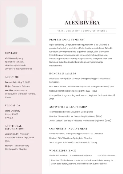 Free Internship College Student ATS Resume Template, AI Resume Builder