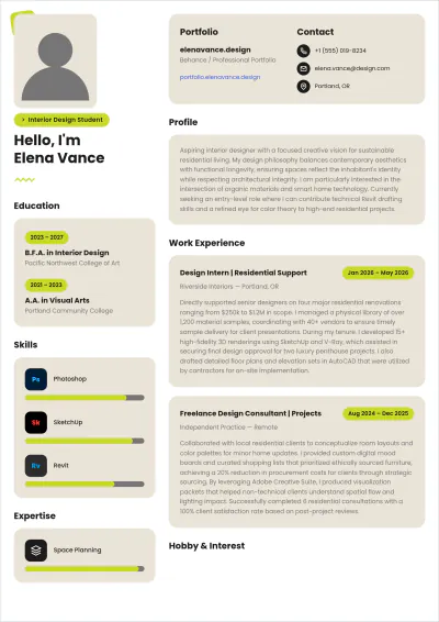 Free Interior Design Student ATS Resume Template, AI Resume Builder