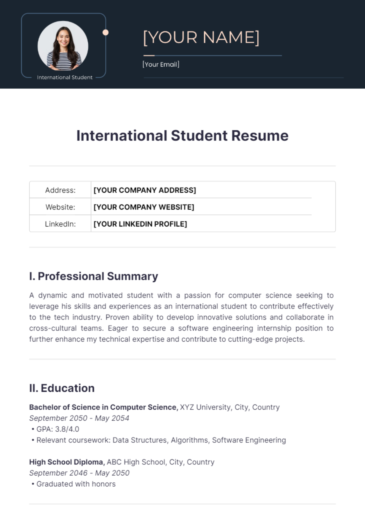 International Student Resume