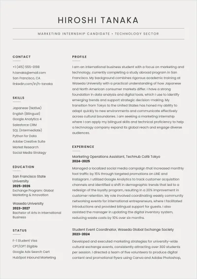 Free International Student ATS Resume Template, AI Resume Builder