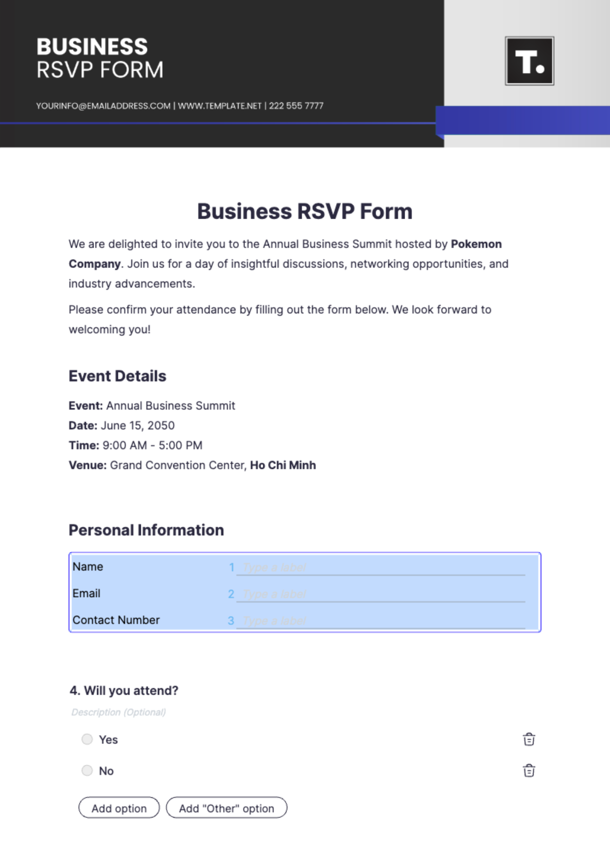 Business RSVP Form Template - Edit Online & Download