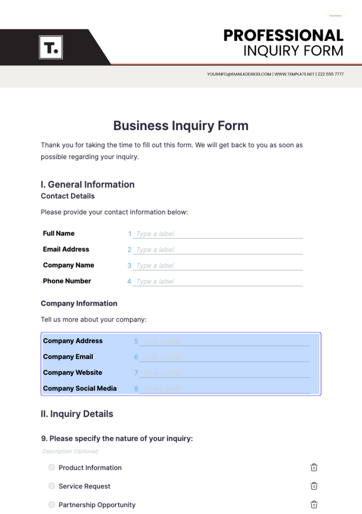 Business Inquiry Form Template - Edit Online & Download