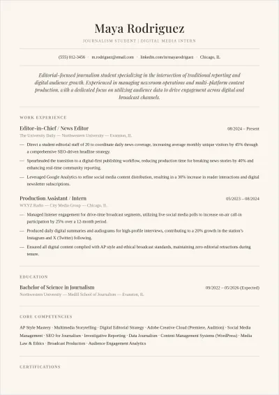 Free Journalism Student ATS Resume Template, AI Resume Builder