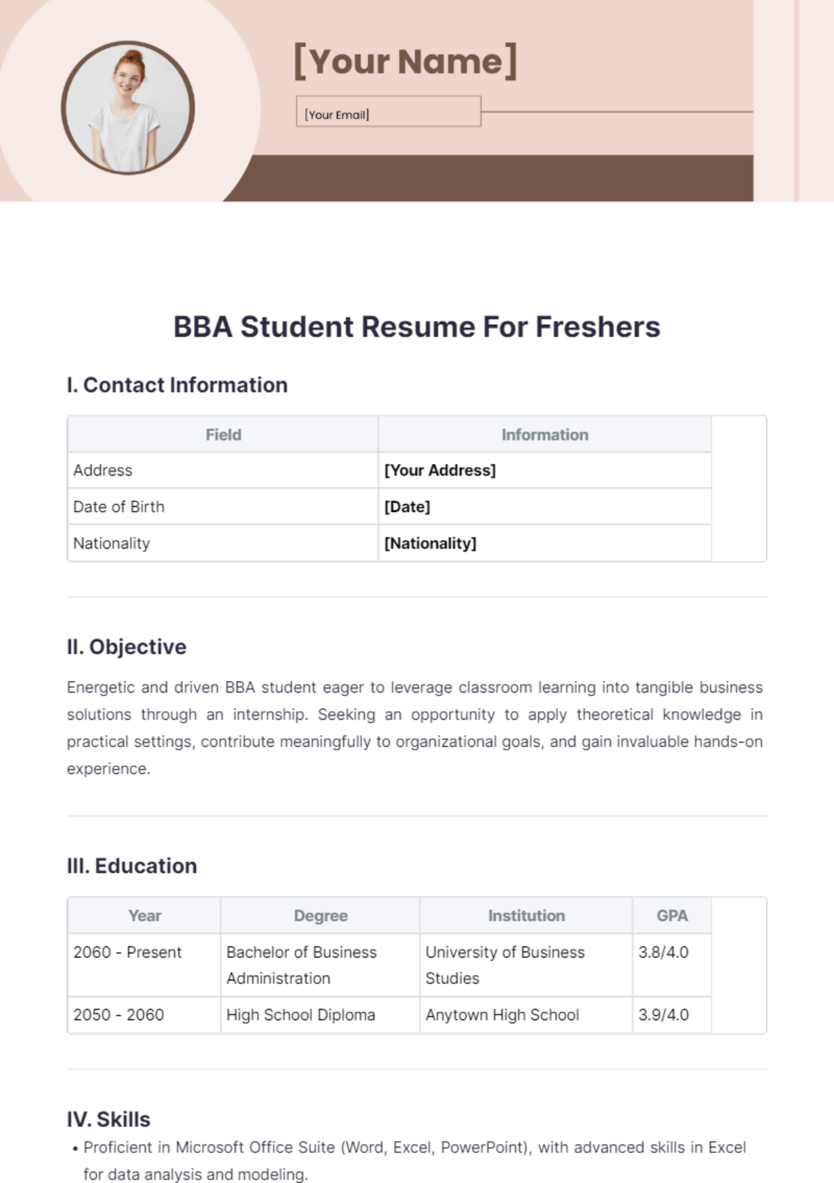 BBA Student Resume For Freshers