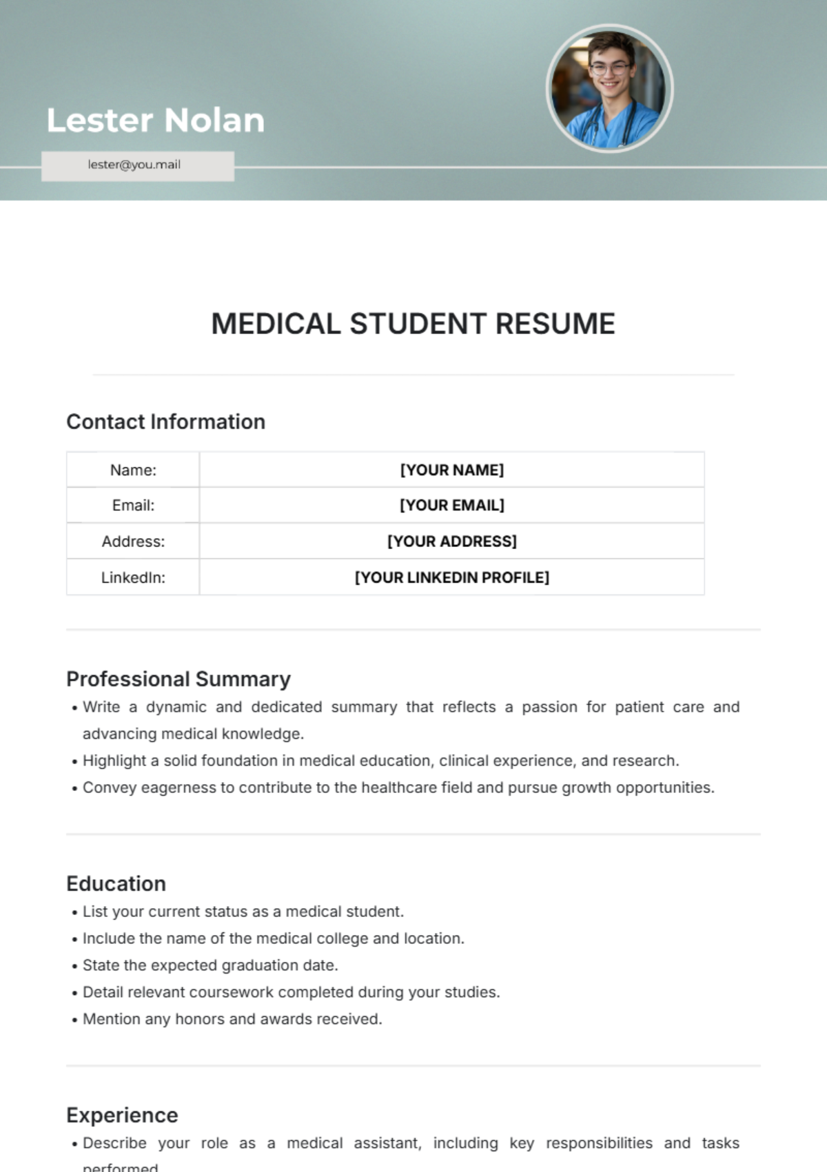 Medical Student Resume Format Template - Edit Online & Download