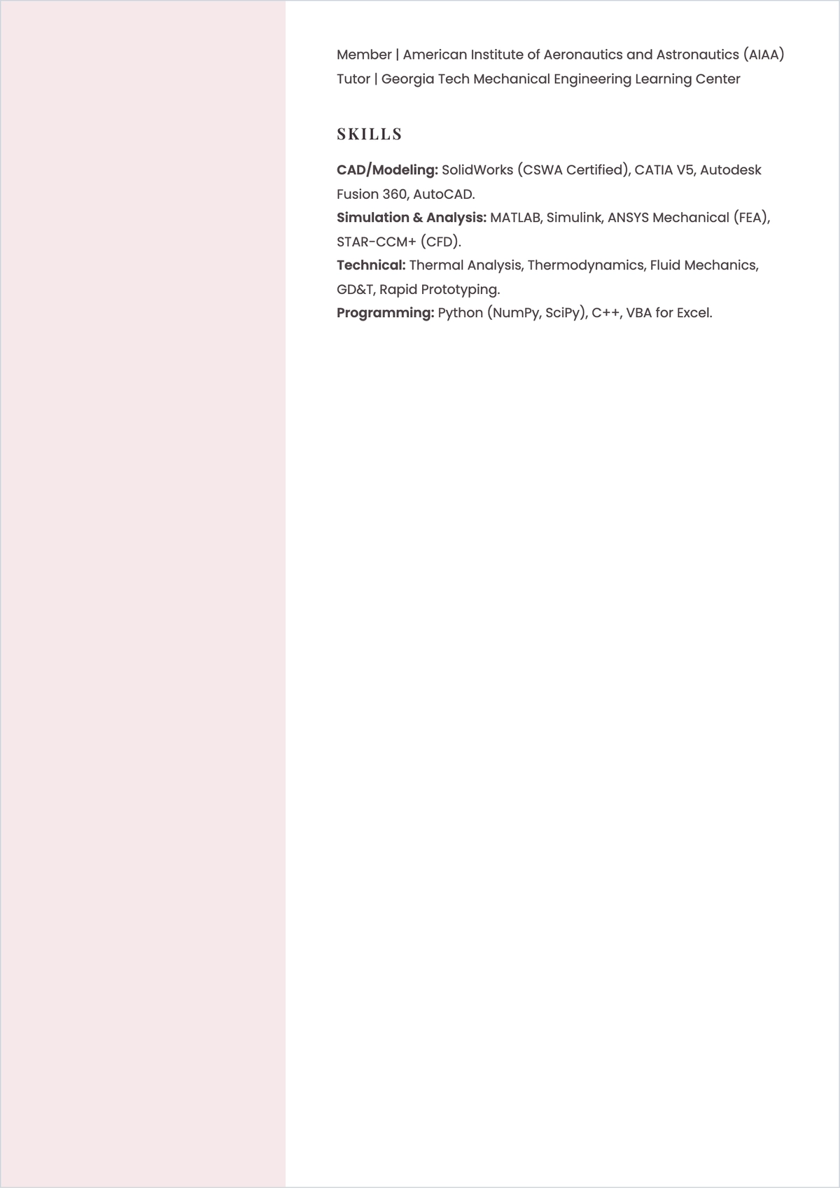 Free Mechanical Engineering Student ATS Resume Template