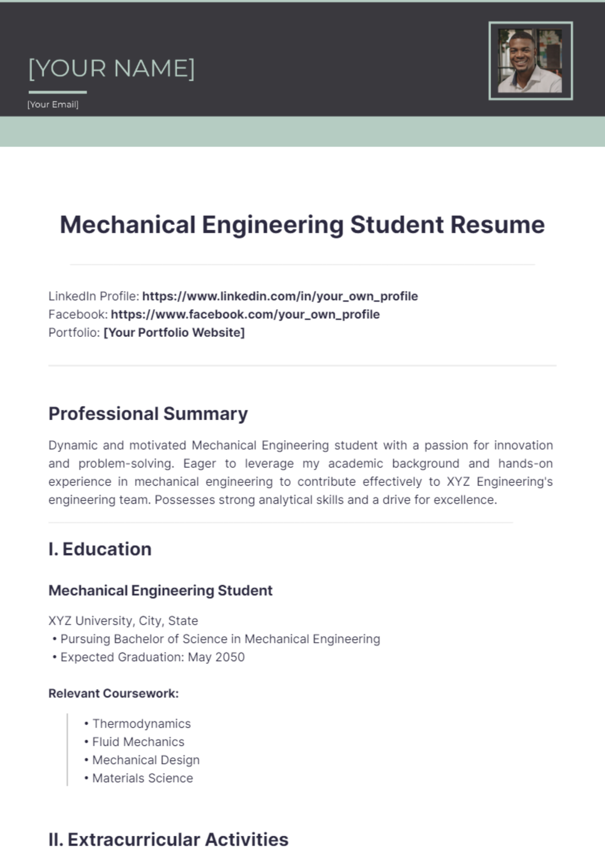 Mechanical Engineering Student Resume