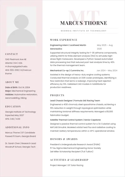 Free Mechanical Engineering Student ATS Resume Template