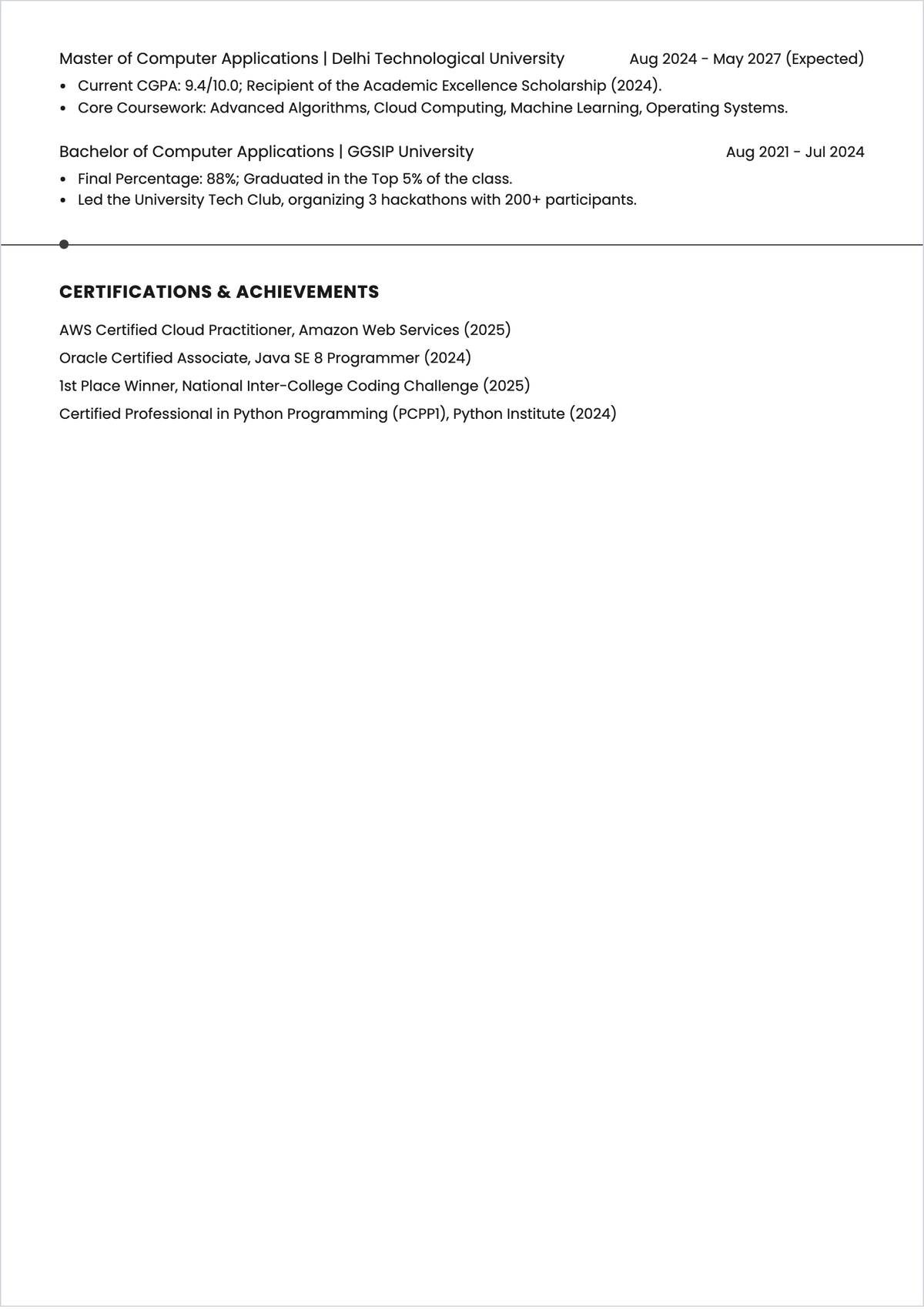 Free MCA Student ATS Resume Template, AI Resume Builder