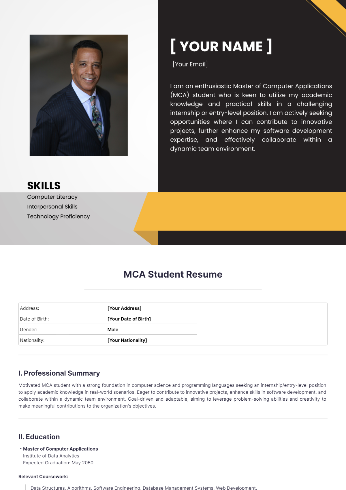 Free MCA Student Resume Template to Edit Online