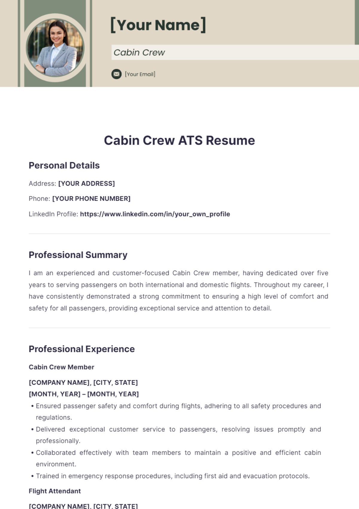 Cabin Crew ATS Resume Templates - Edit Online & Download Example ...