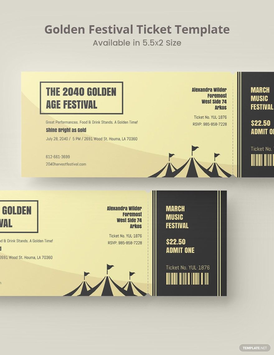 Golden Festival Ticket Template in Word, Google Docs, Illustrator, PSD, Apple Pages, Publisher, InDesign