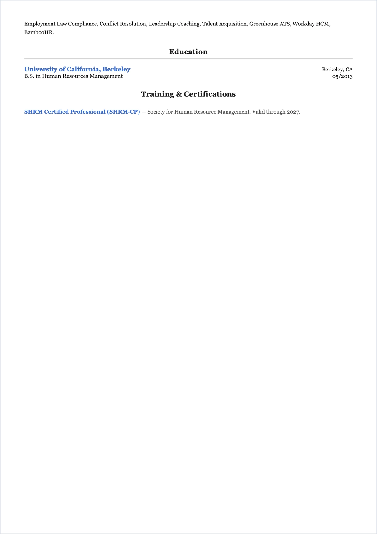 Free ATS Classic HR Resume to Edit Online