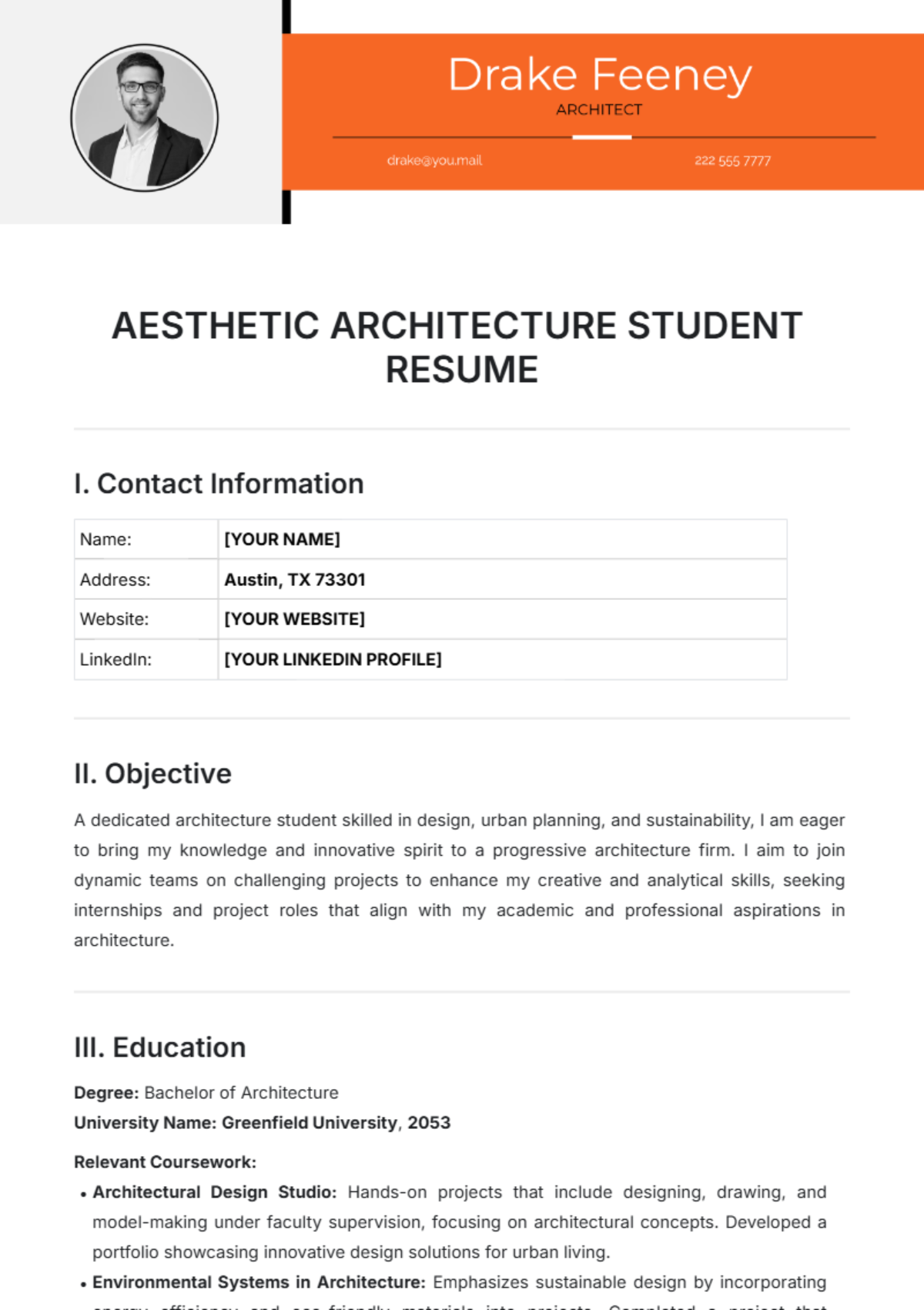 Aesthetic Architecture Student Resume Template - Edit Online & Download