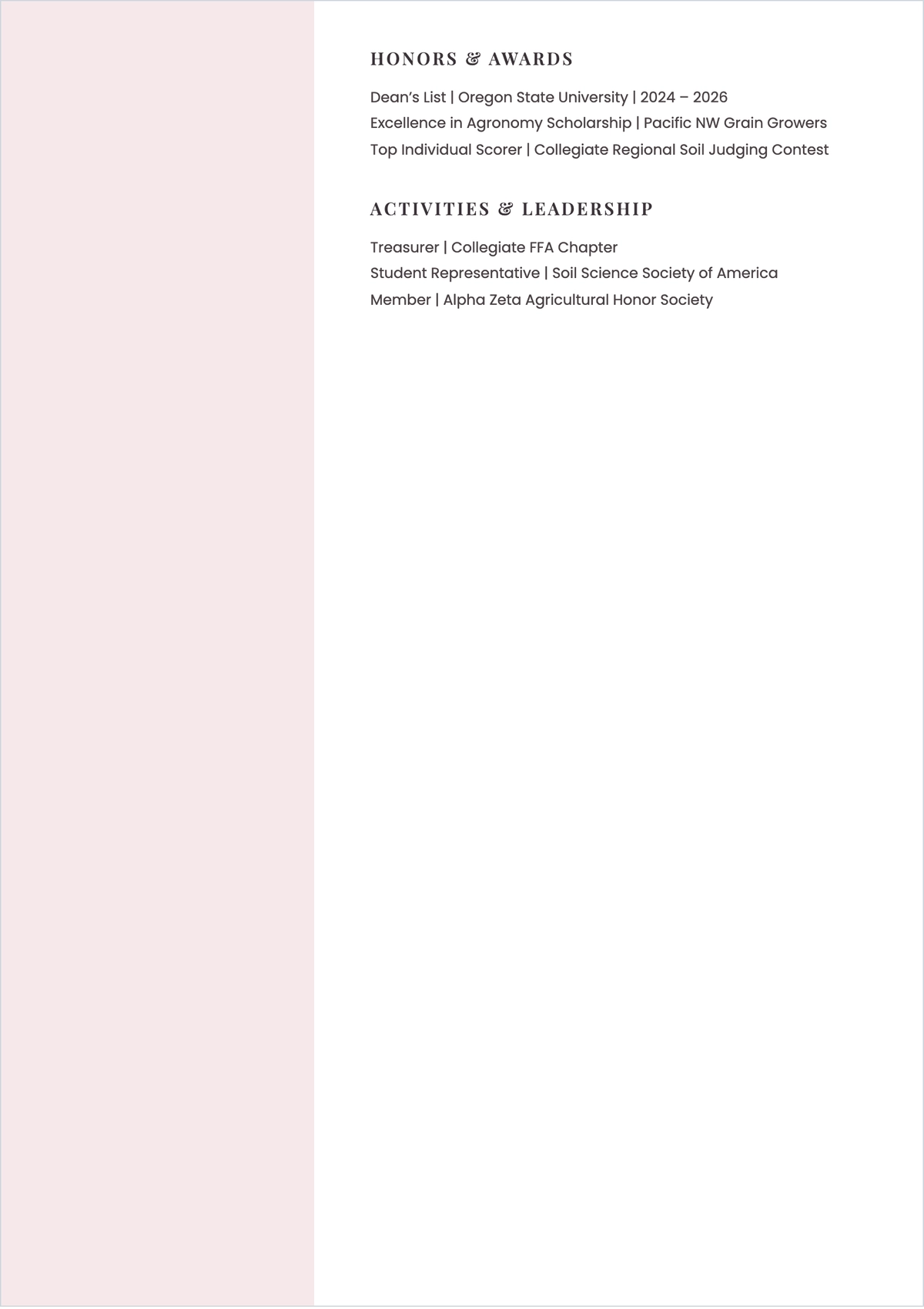 Free Agriculture Student ATS Resume Template, AI Resume Builder