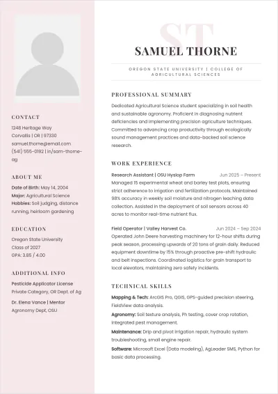 Free Agriculture Student ATS Resume Template, AI Resume Builder