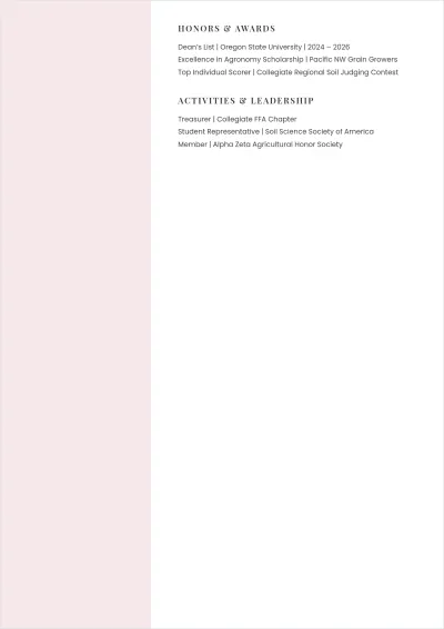 Free Agriculture Student ATS Resume Template, AI Resume Builder