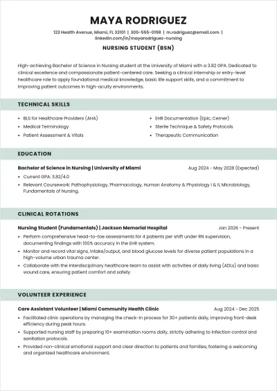 Free Beginner Nursing Student ATS Resume Template, AI Resume Builder