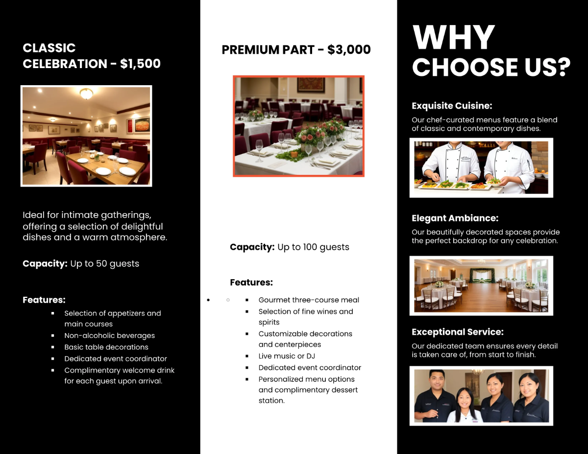 Free Restaurant Party Packages Brochure Template to Edit Online