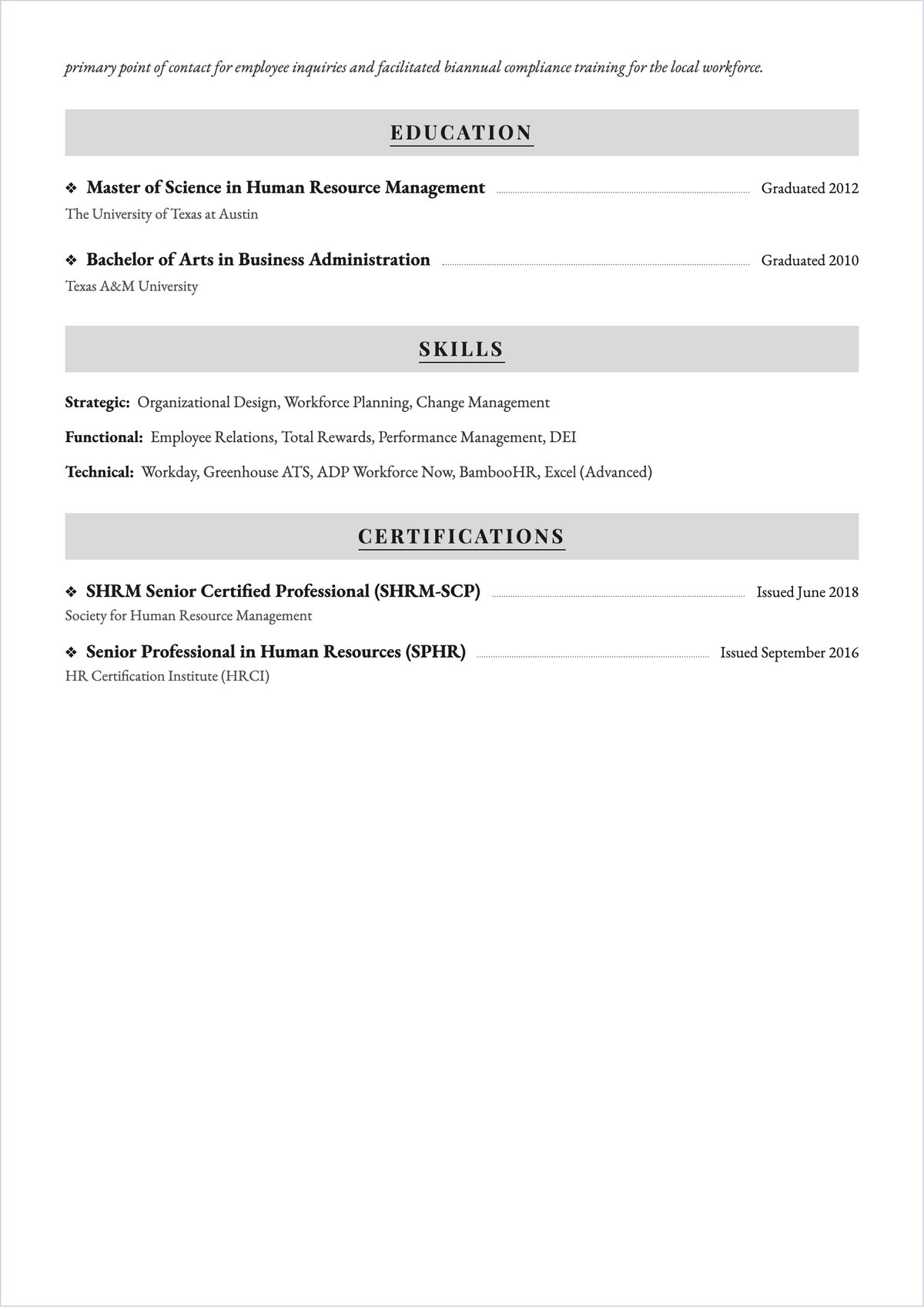 Free HR ATS Resume to Edit Online