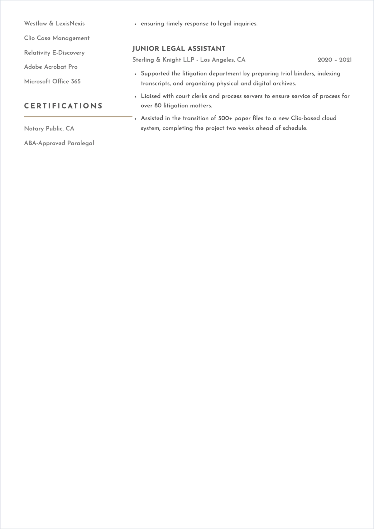 Free Legal Assistant ATS Resume to Edit Online