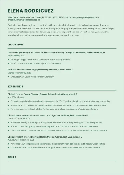 Free Optometry Student ATS Resume Template, AI Resume Builder