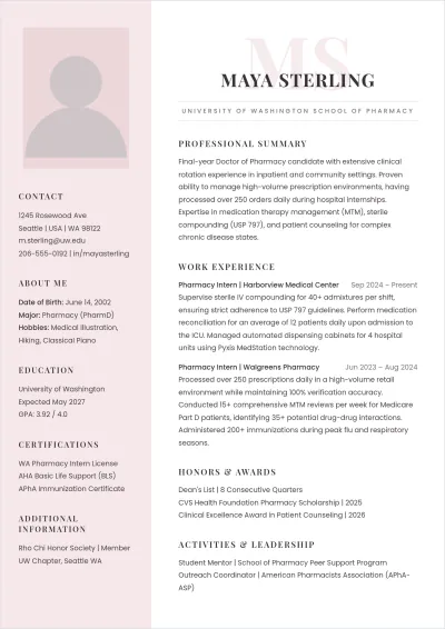 Free Pharmacy Student ATS Resume Template, AI Resume Builder